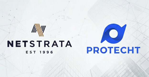 Netstrata and Protecht logos with soft grey background of buildings etc.