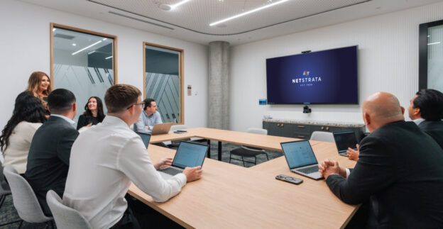 Group around screen in large meeting room