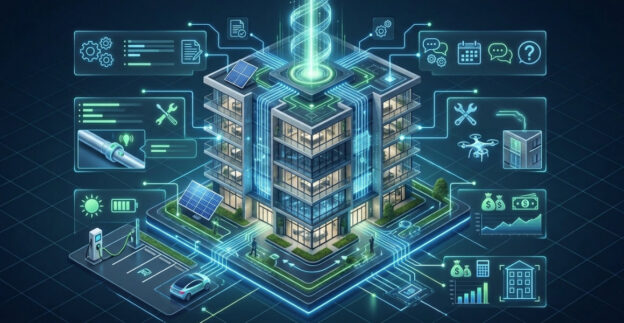 AI futuristic strata building with blue lines and tech feel