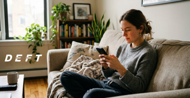 Woman on couch in apartment using phone