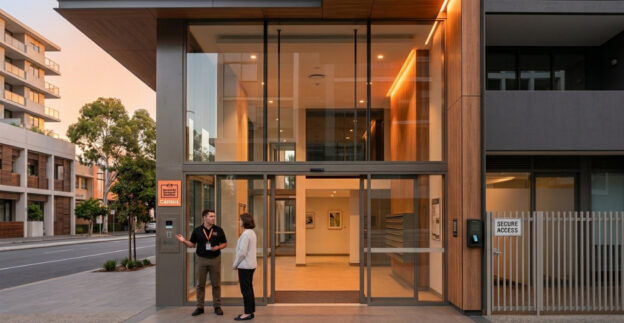 Strata building with people chatting just outside front doors